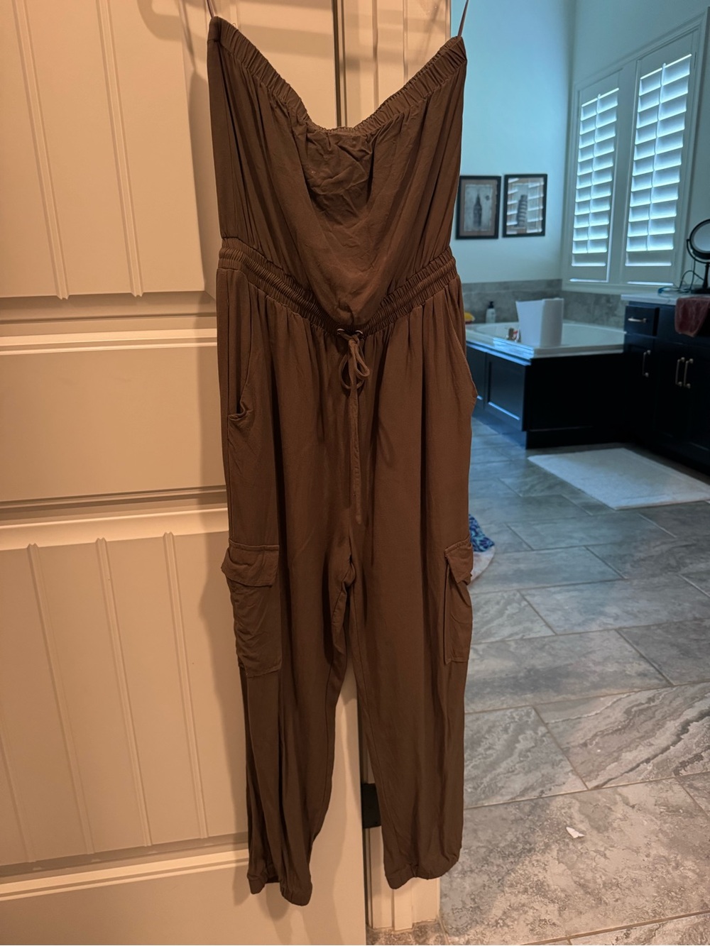Le Lis Olive Strapless Utility Jumpsuit with Cargo Pockets